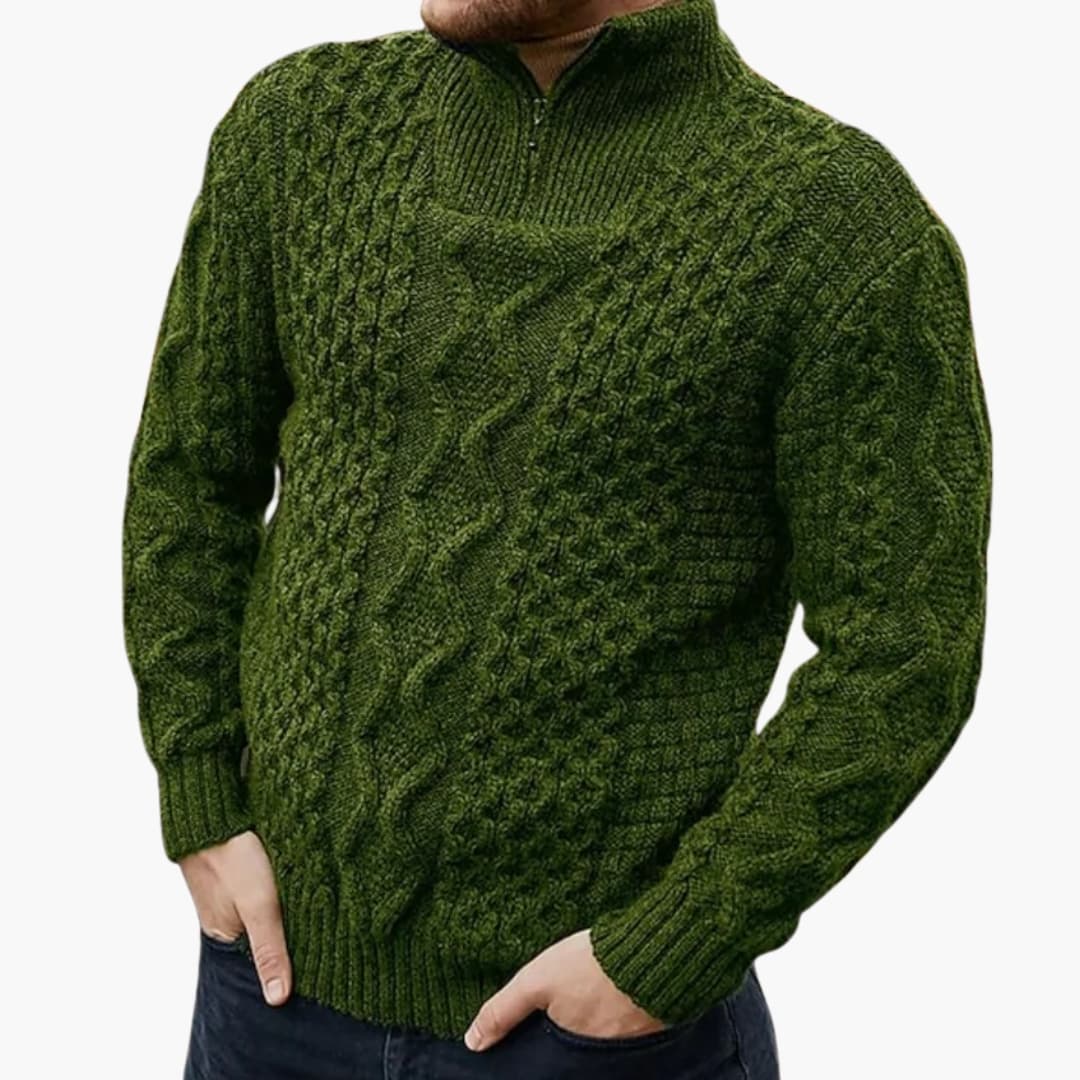 Pull torsadé pour homme avec demi zip et col côtelé