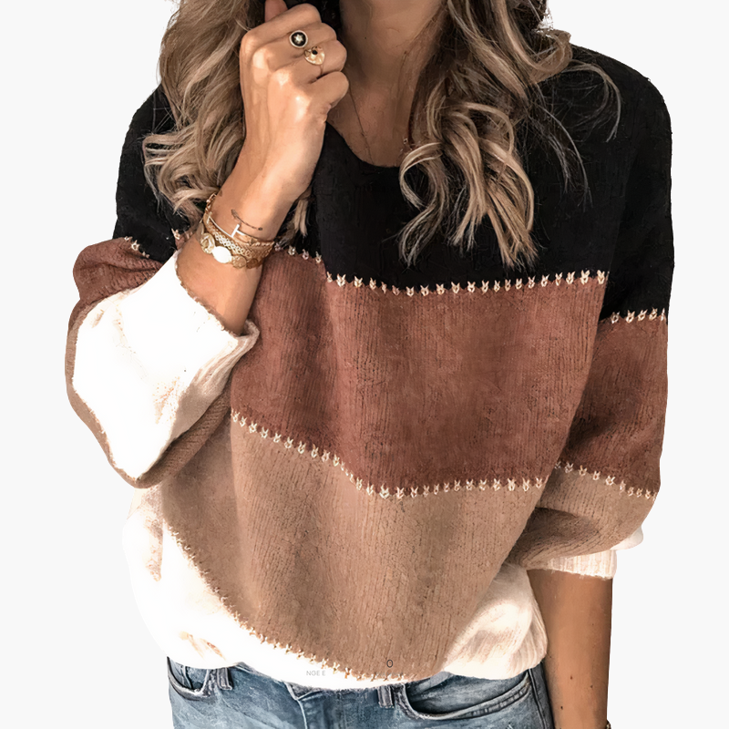 Striped knitted sweater for women with round neck