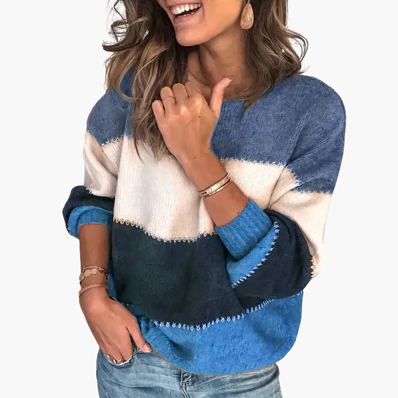 Striped knitted sweater for women with round neck