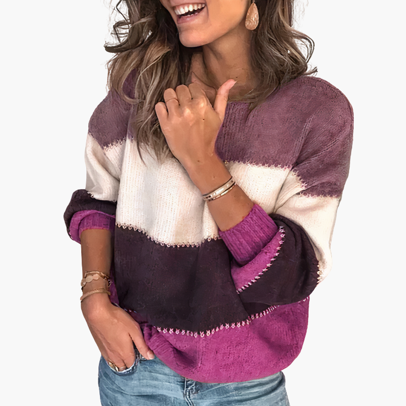 Striped knitted sweater for women with round neck