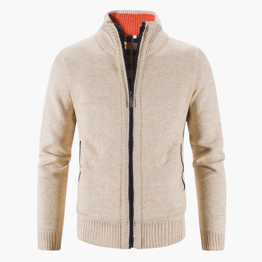 Men's zip-up sweater with stand-up collar and side pockets