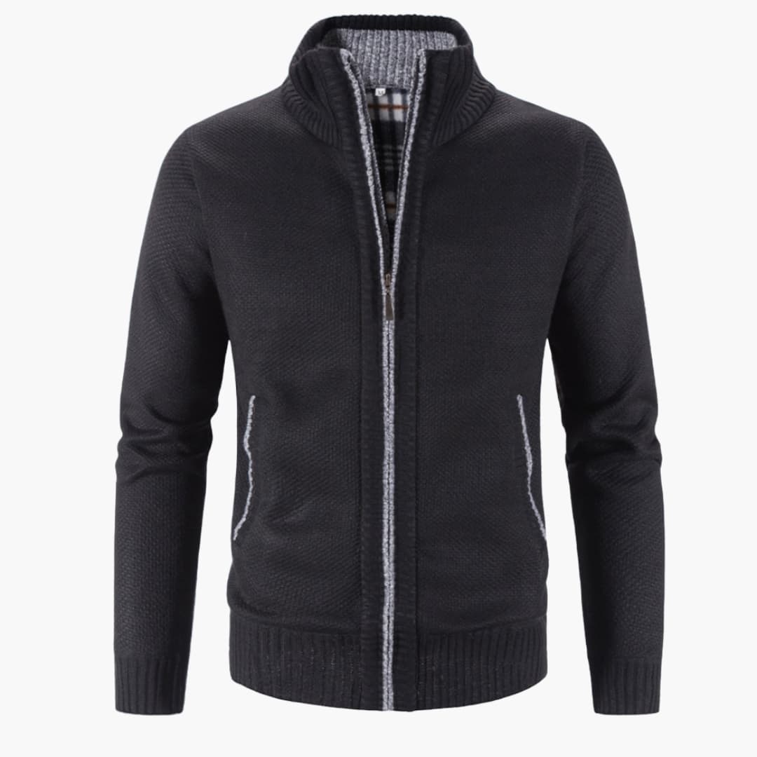 Men's zip-up sweater with stand-up collar and side pockets