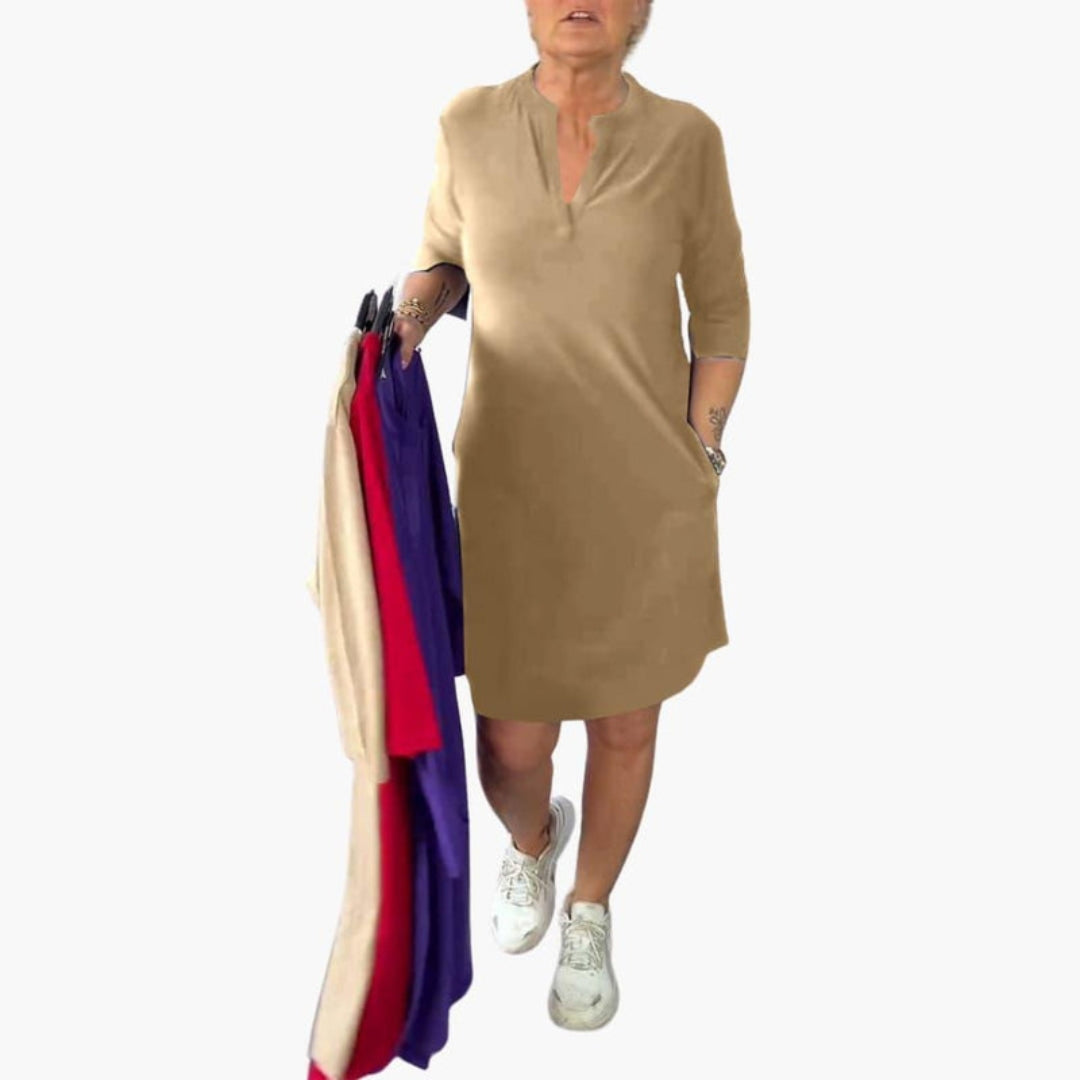 Vestito Donna Scollo a V con Tasche e Maniche Corte