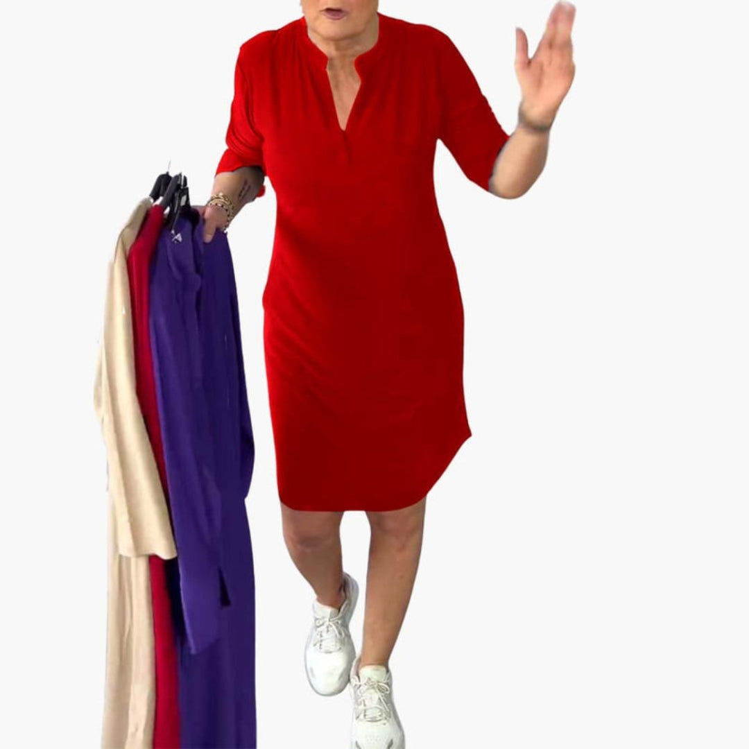 Vestito Donna Scollo a V con Tasche e Maniche Corte