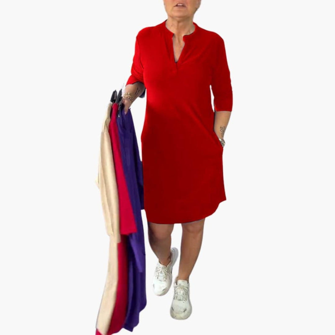 Vestito Donna Scollo a V con Tasche e Maniche Corte