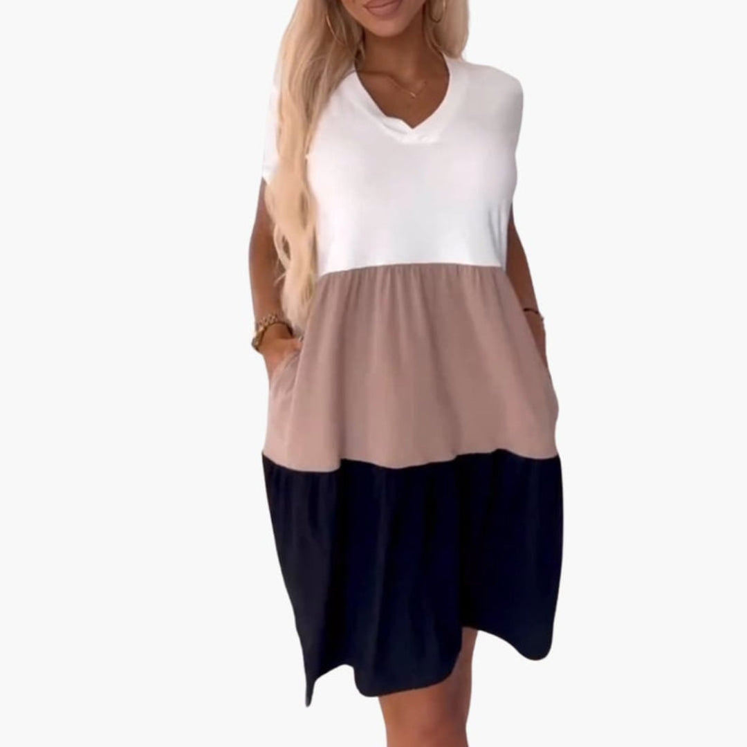 Vestito Donna a Blocchi di Colore con Maniche Corte e Tasche