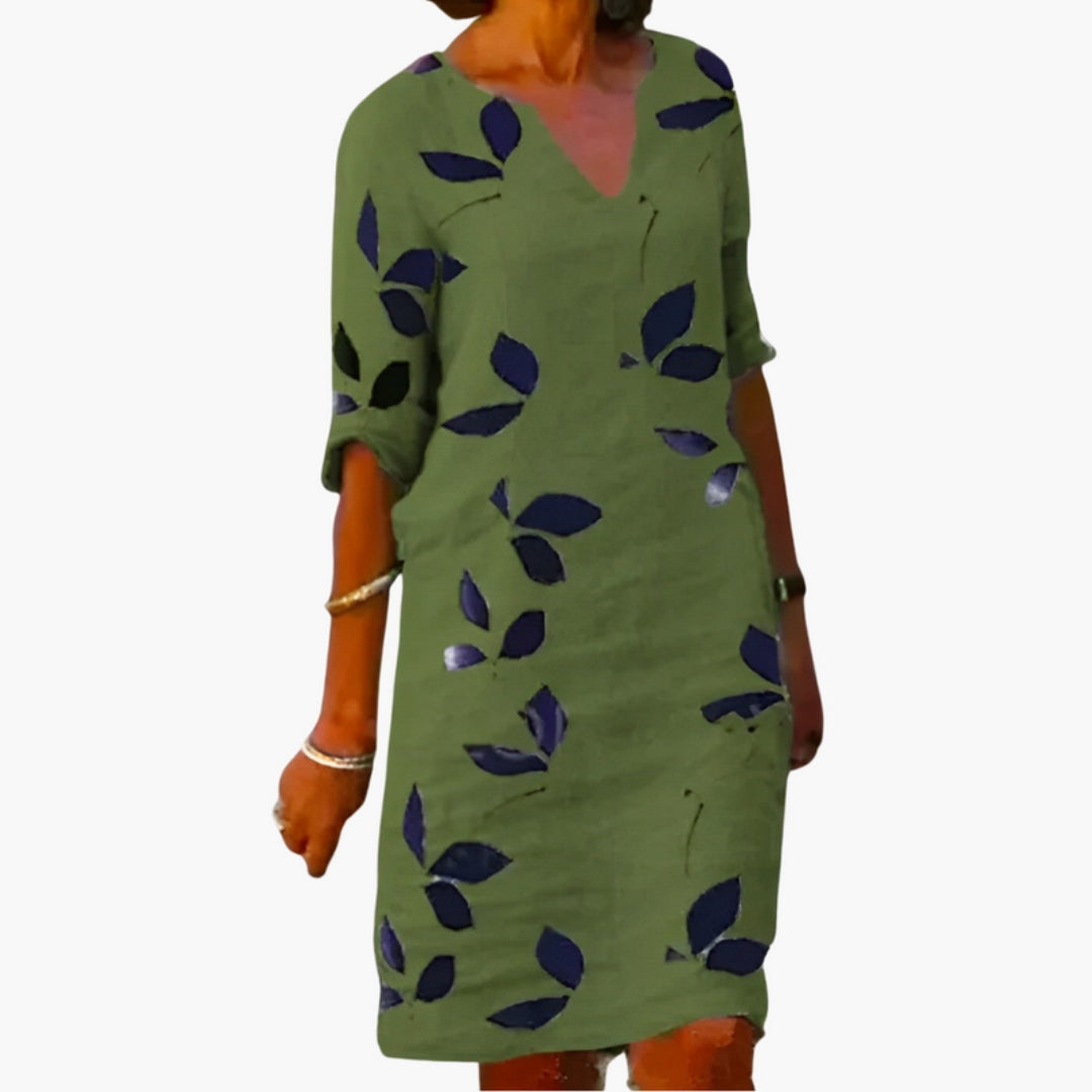 Abito donna con scollo a V e stampa foglie