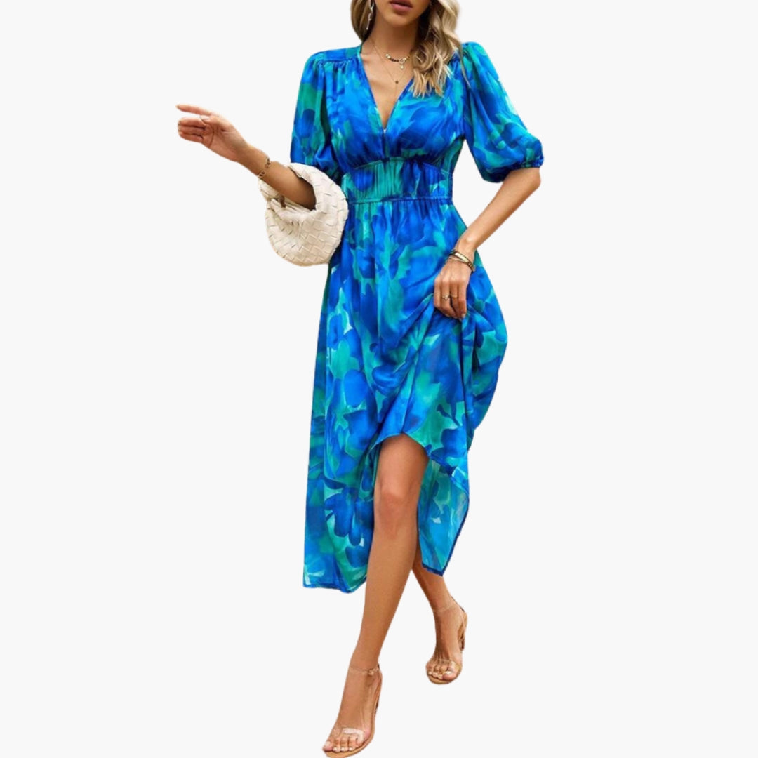 Abito floreale da donna con scollo a V e vita elastica