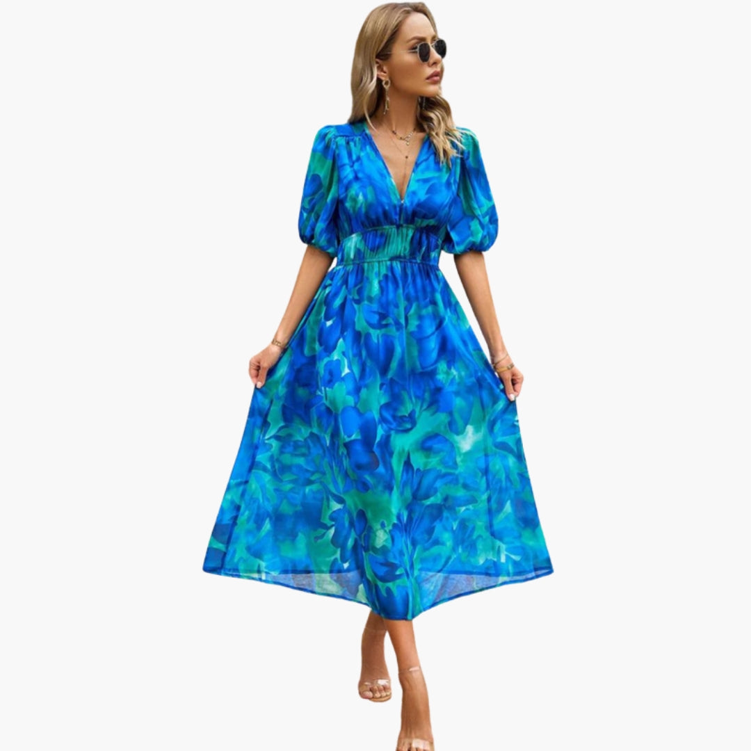 Abito floreale da donna con scollo a V e vita elastica