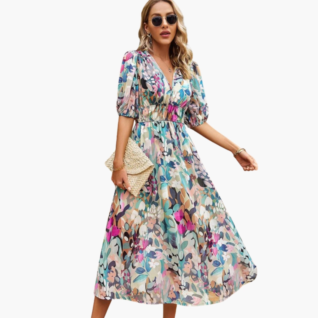 Robe Fleurie Femme a Encolure en V et Taille Élastique