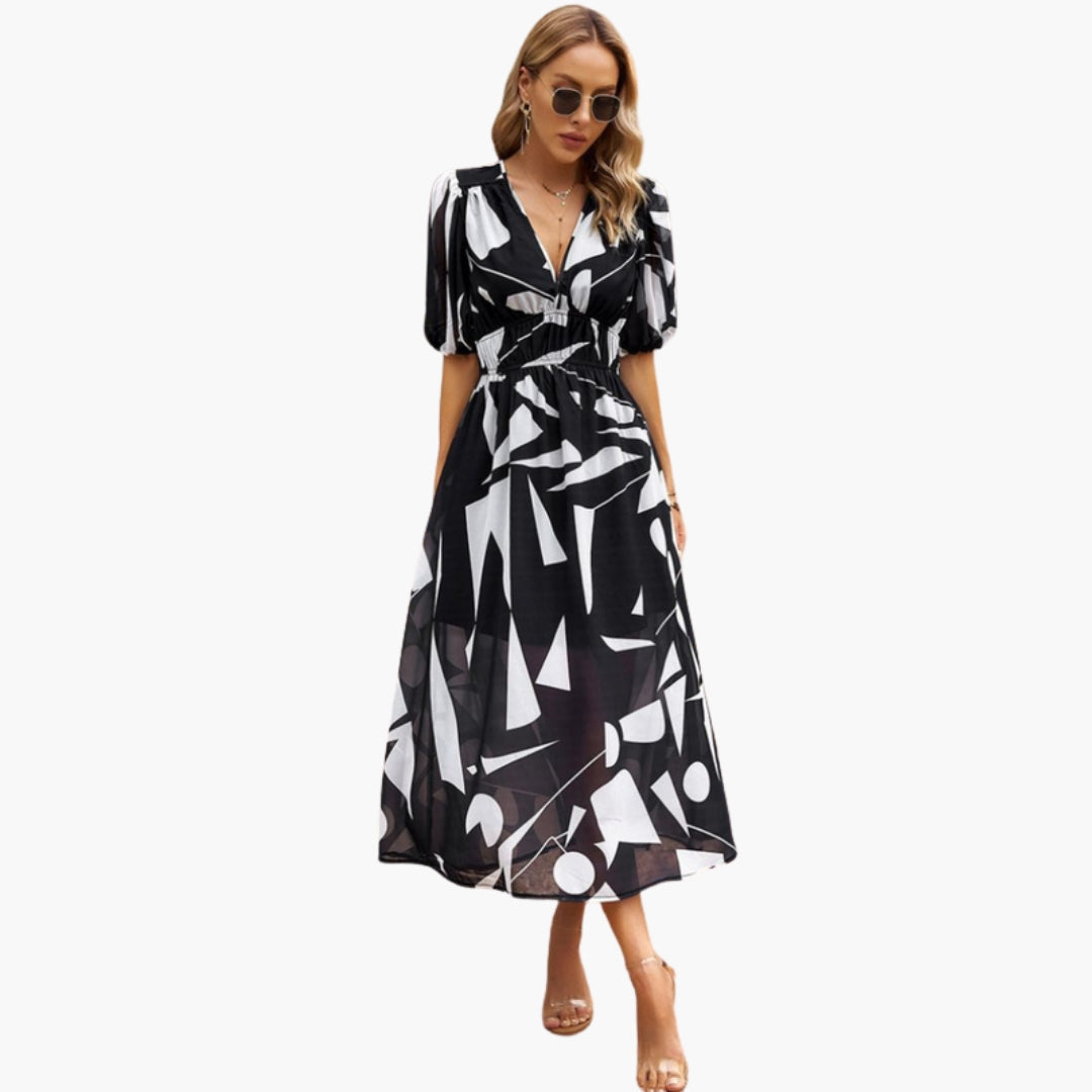 Abito floreale da donna con scollo a V e vita elastica