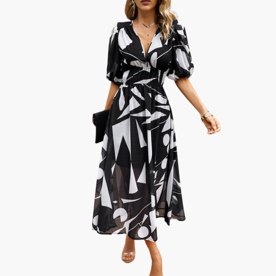 Abito floreale da donna con scollo a V e vita elastica