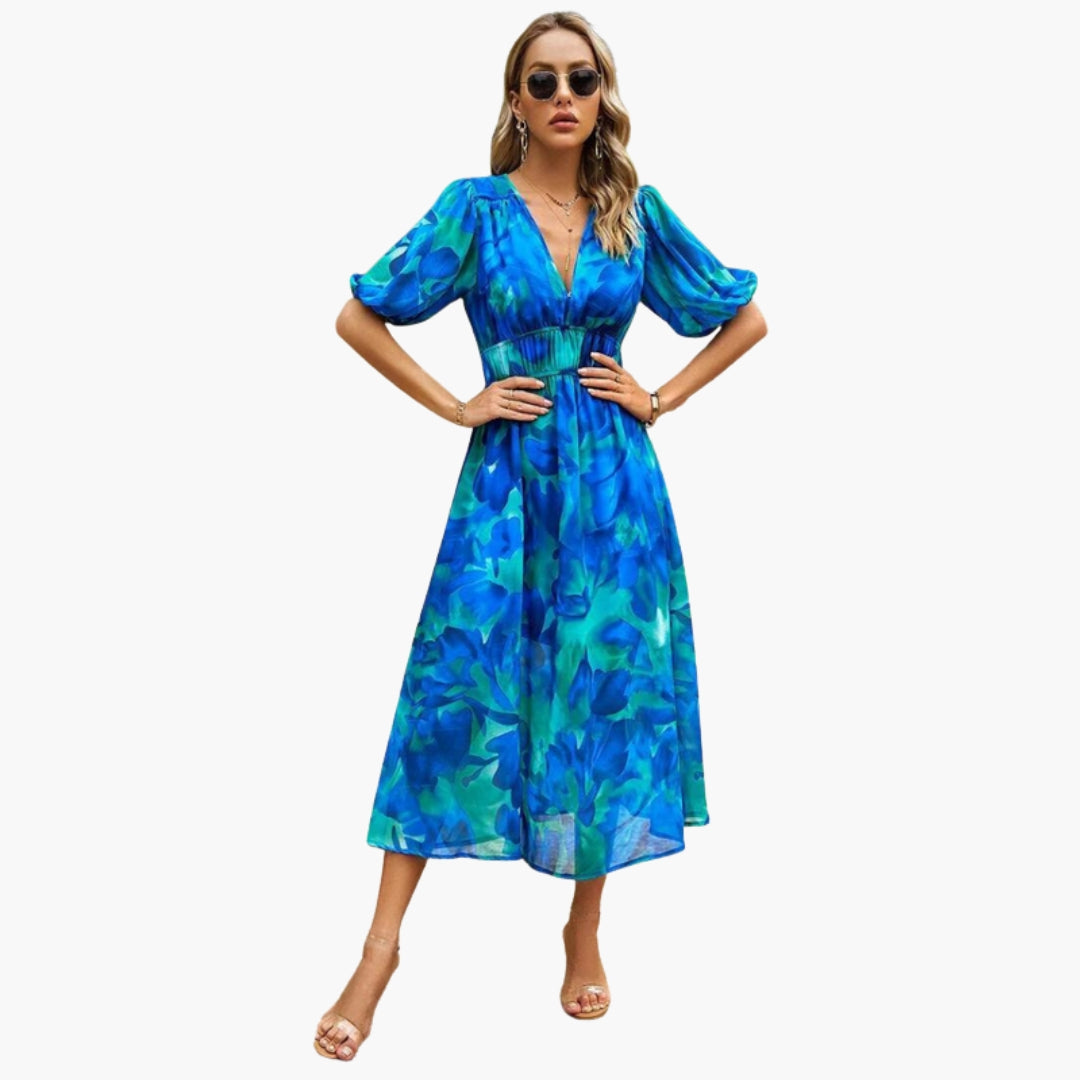Abito floreale da donna con scollo a V e vita elastica
