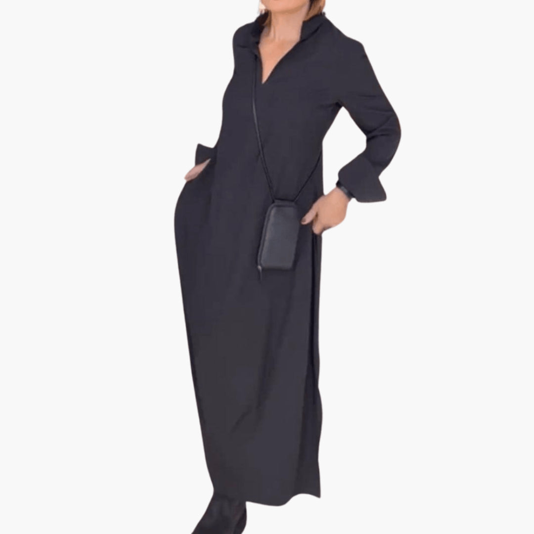 Abito lungo donna con collo alto e tasche laterali