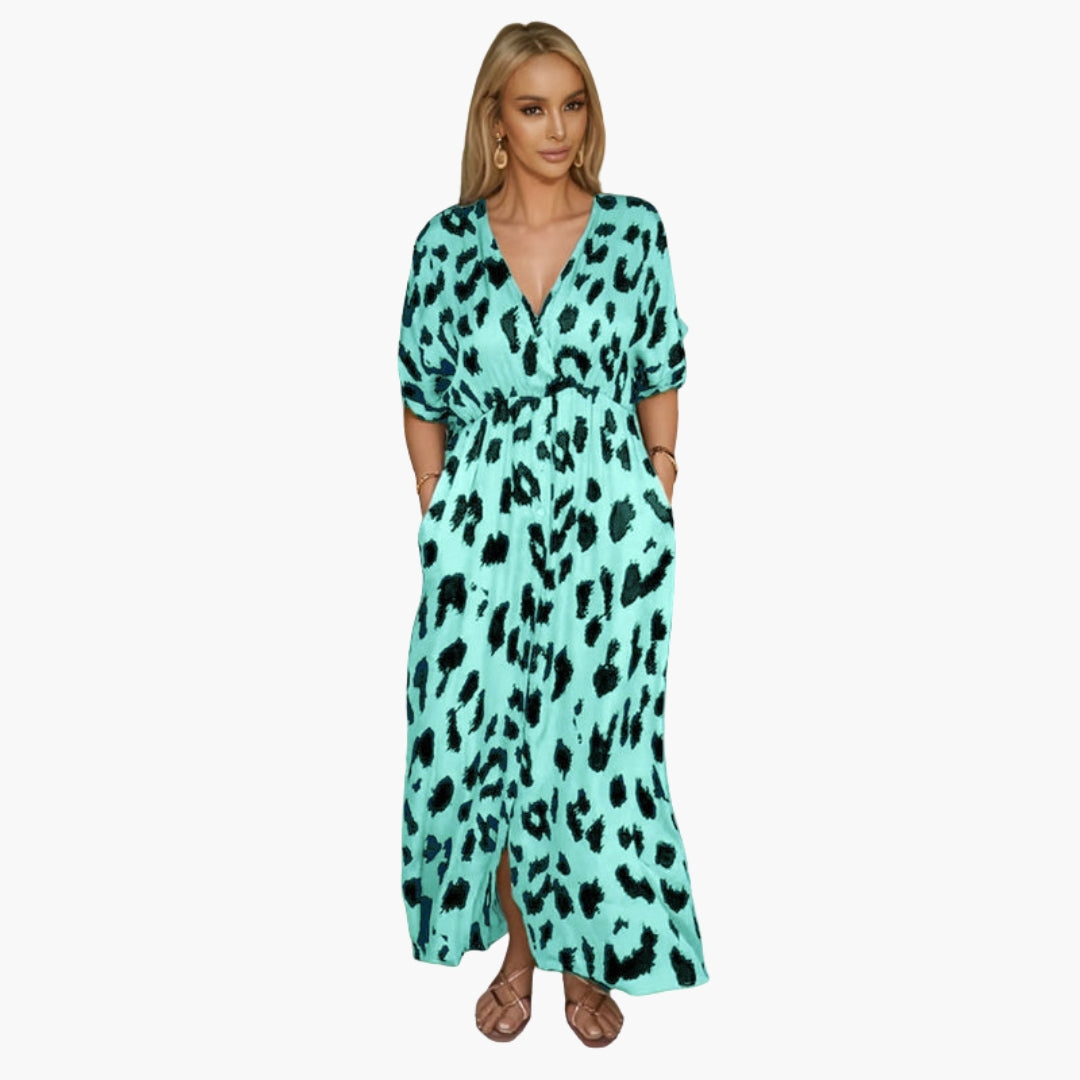 Robe Longue Femme avec Col en V et Imprimé Léopard