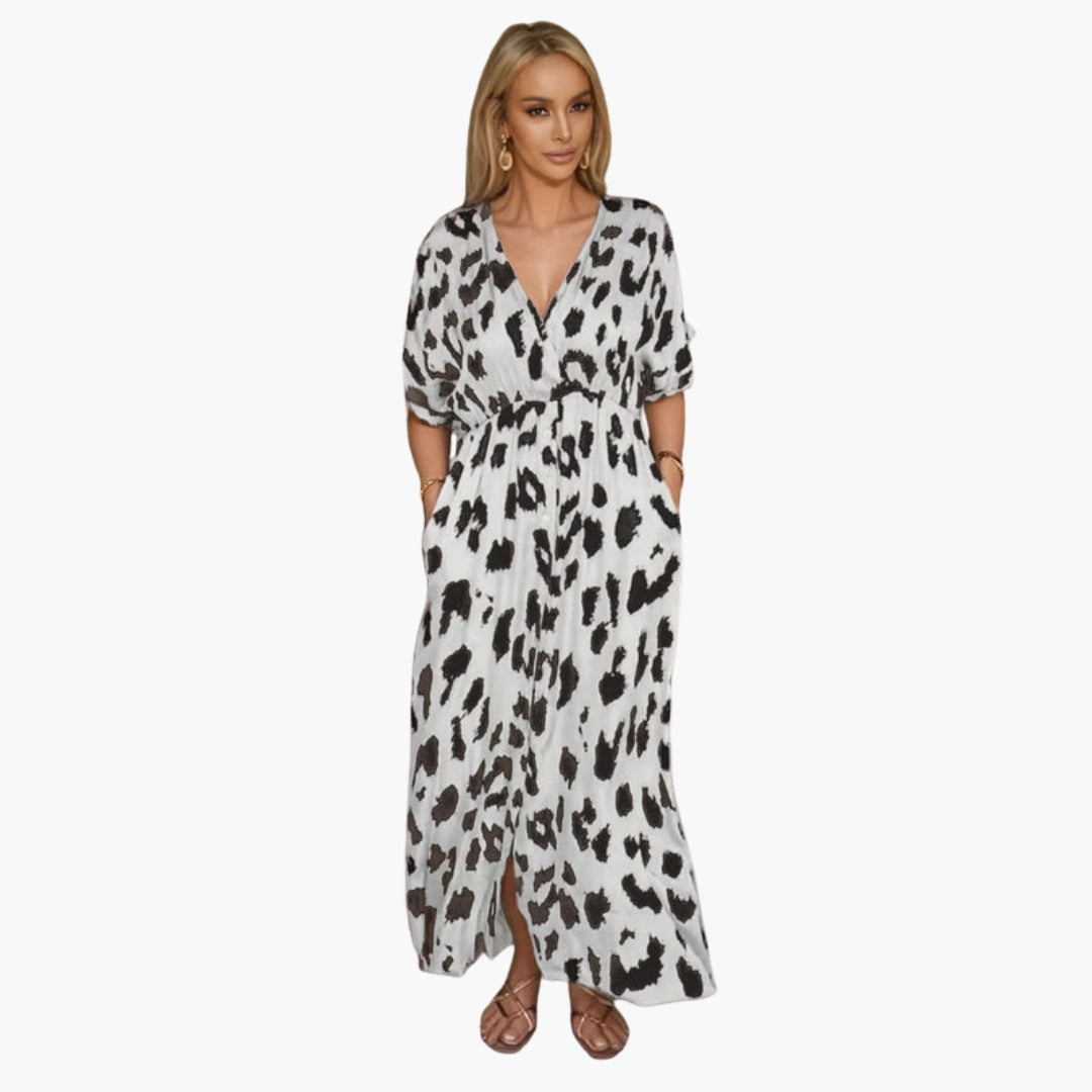 Robe Longue Femme avec Col en V et Imprimé Léopard