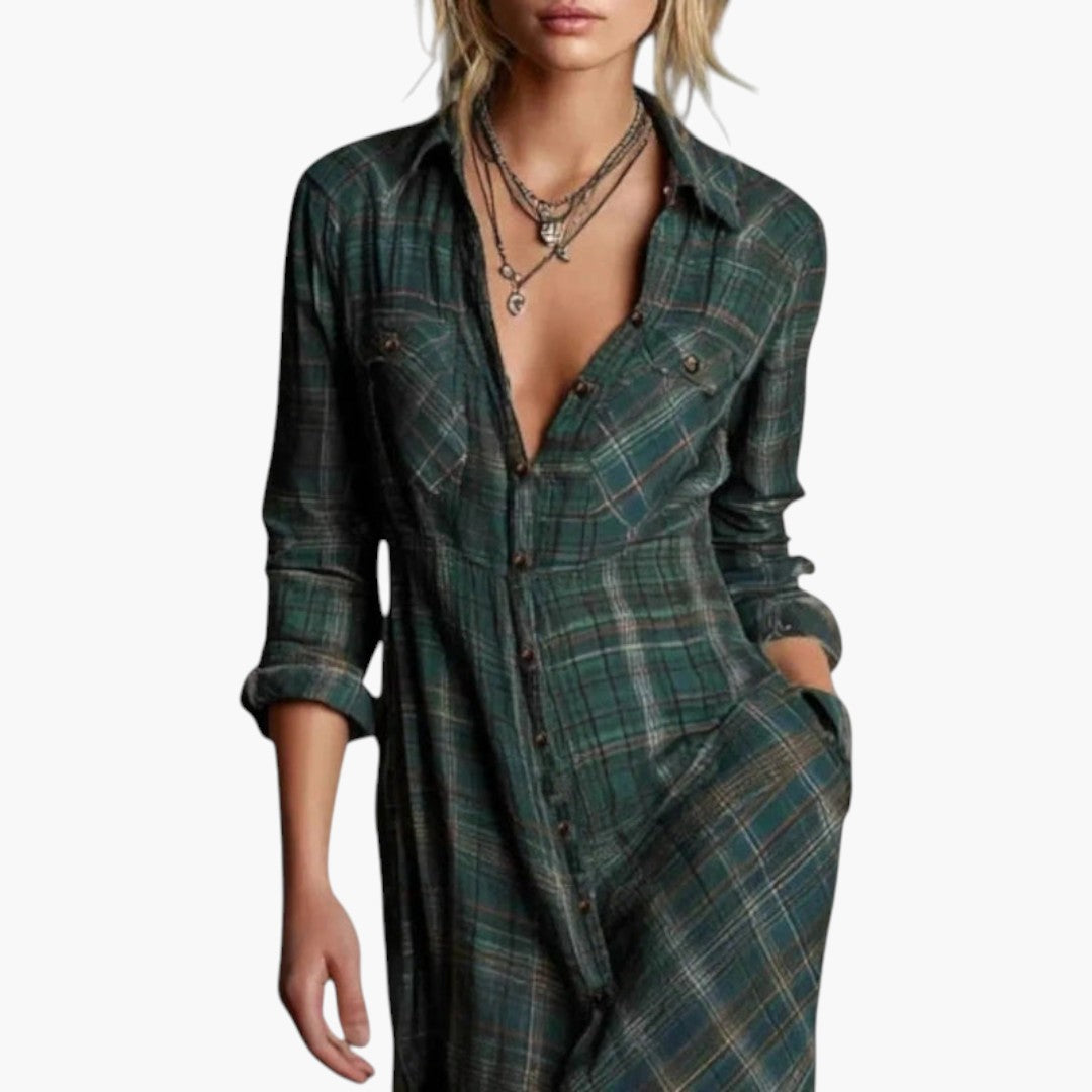 Robe Maxi Femme avec Boutonnage Frontal et Motif Carreaux