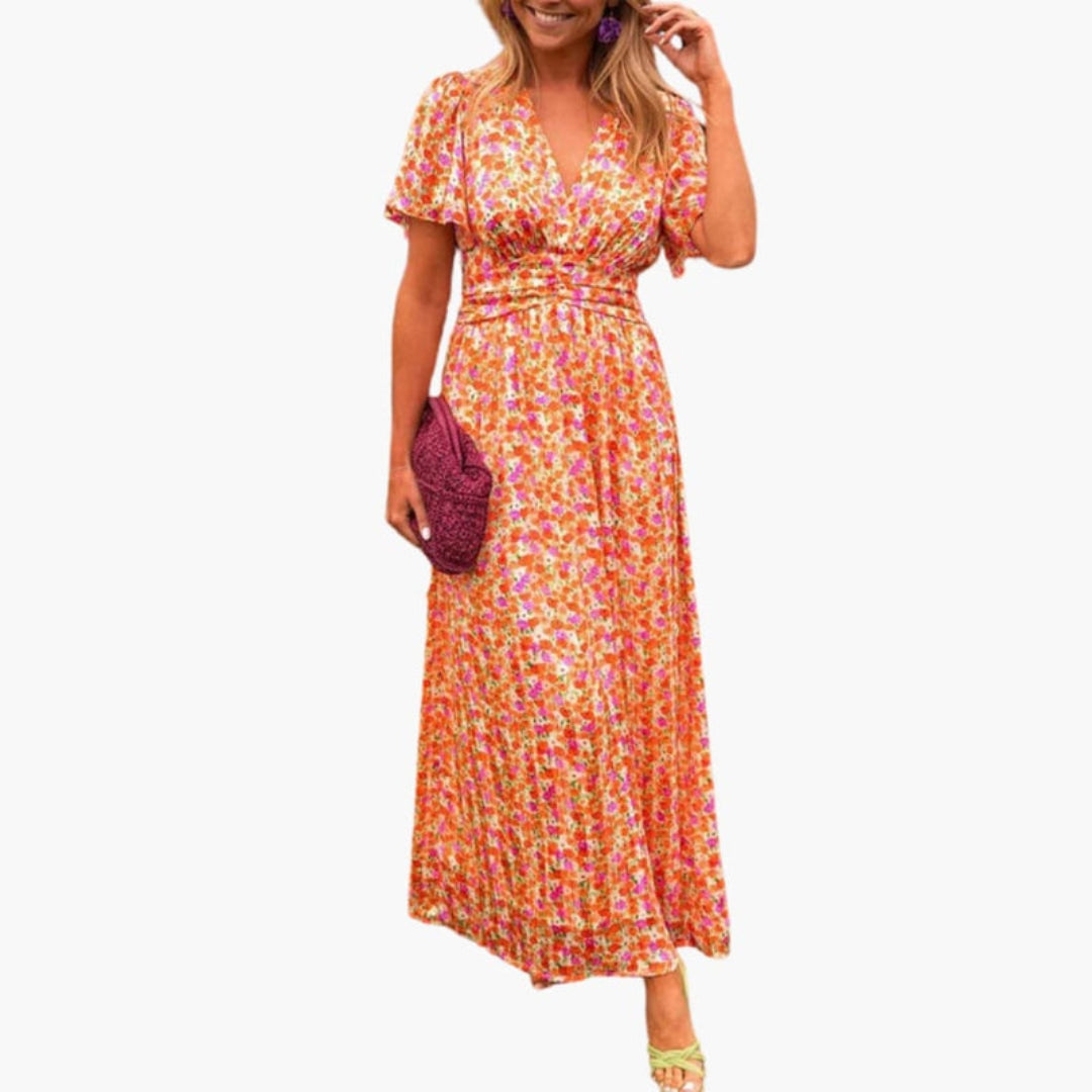 Robe Maxi Femme avec Col en V et Manches Courtes
