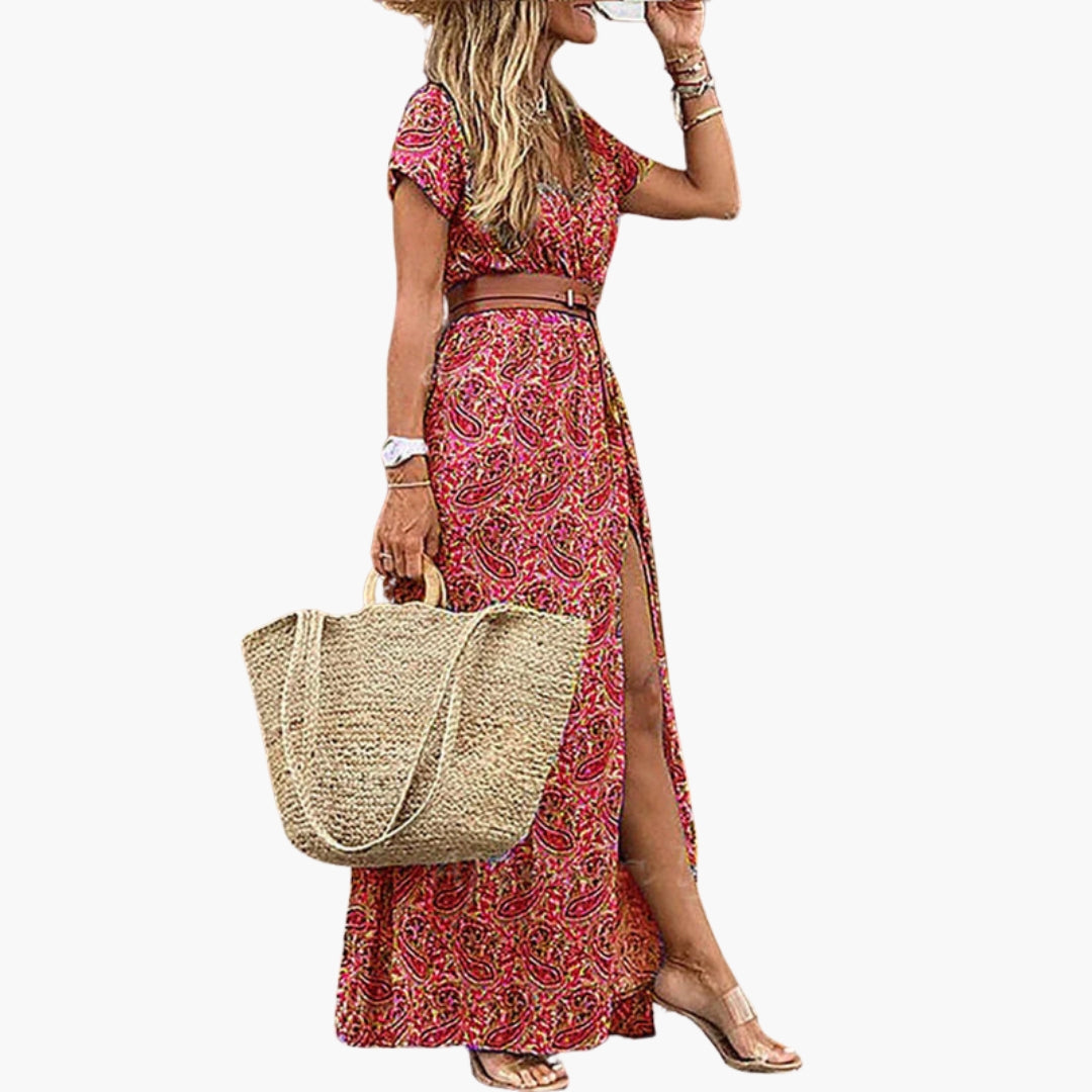 Abito Maxi Donna con Scollo a V e Cintura