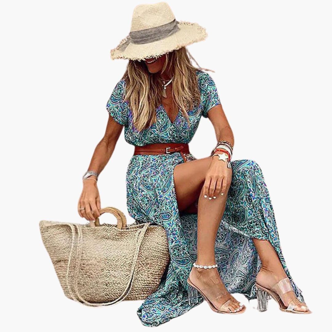 Abito Maxi Donna con Scollo a V e Cintura