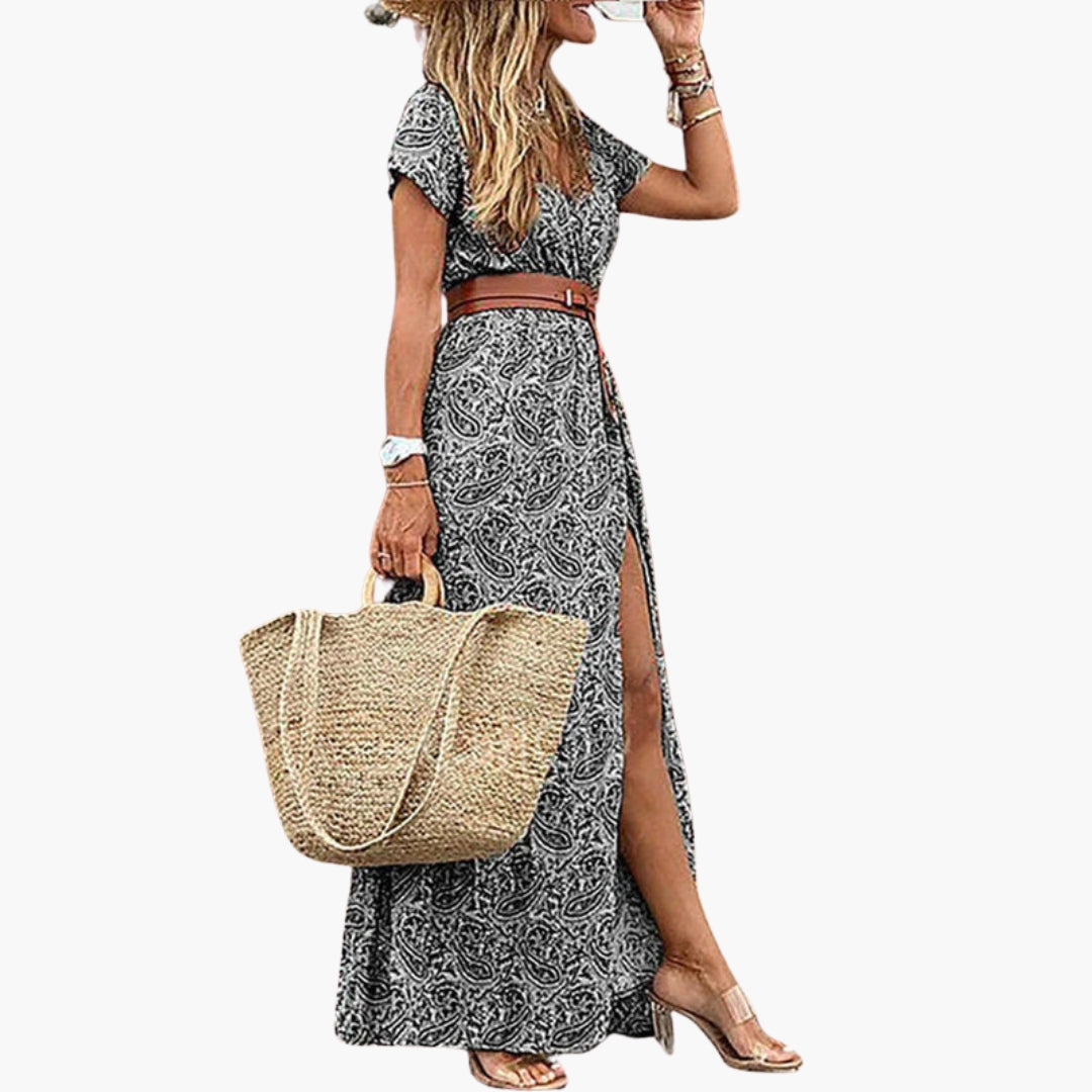 Abito Maxi Donna con Scollo a V e Cintura