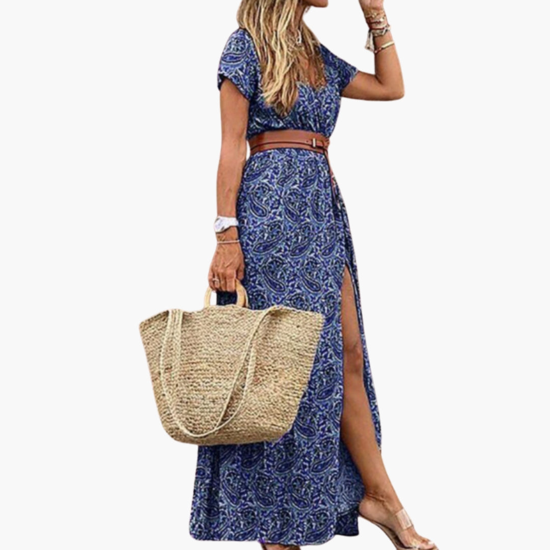 Abito Maxi Donna con Scollo a V e Cintura