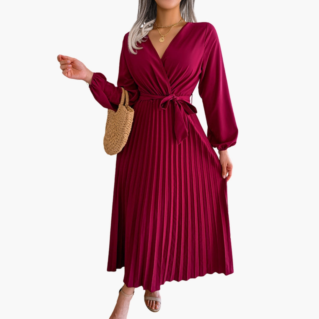 Vestido Comprido Feminino com Decote em V e Saia Plissada