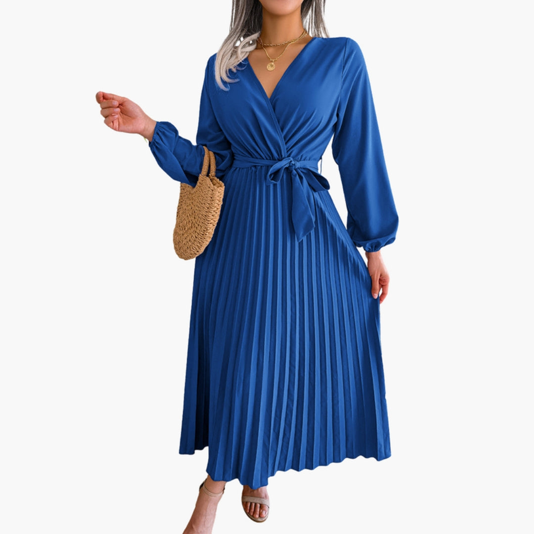 Vestido Comprido Feminino com Decote em V e Saia Plissada