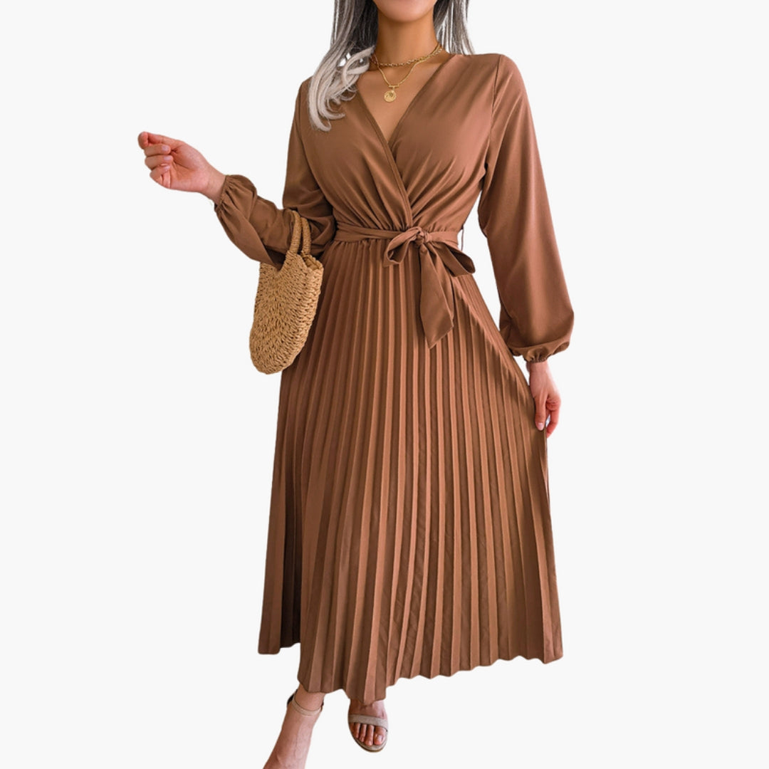 Vestido Comprido Feminino com Decote em V e Saia Plissada