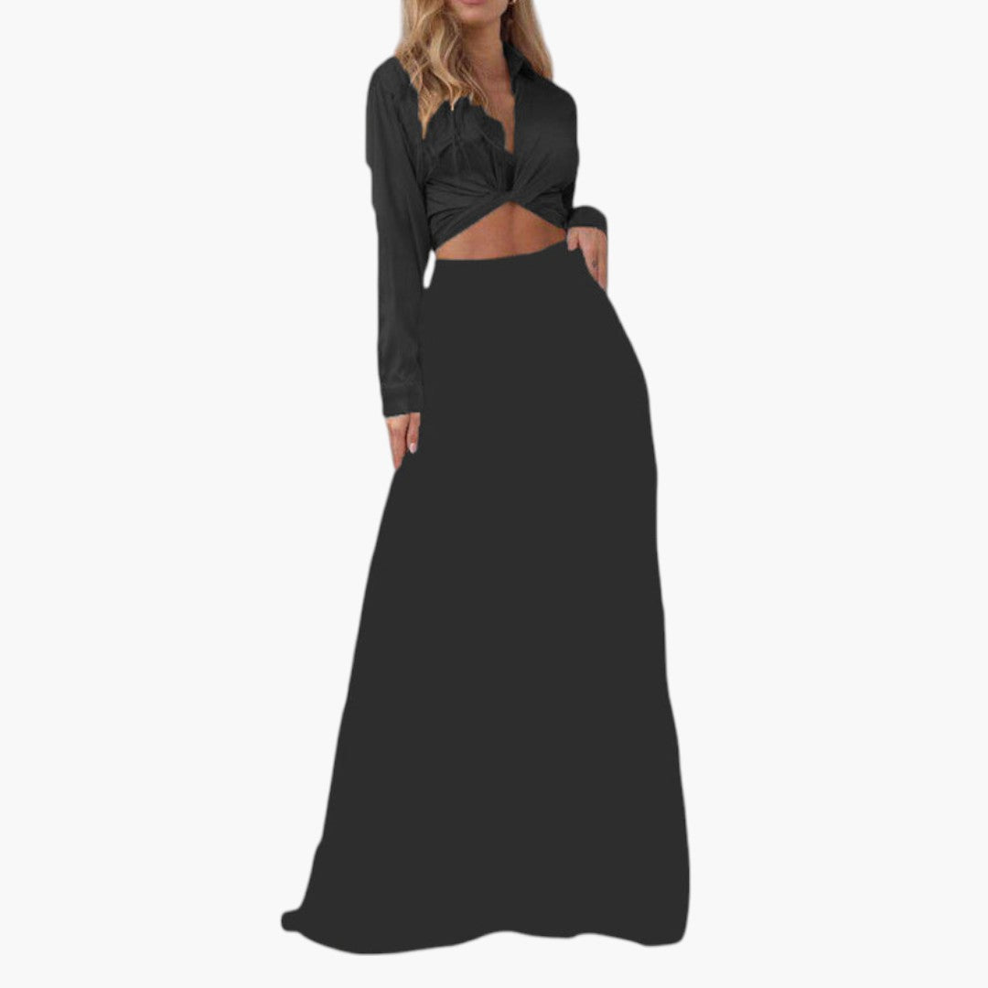 Vestido Maxi Mulher com Top Curto e Mangas Compridas