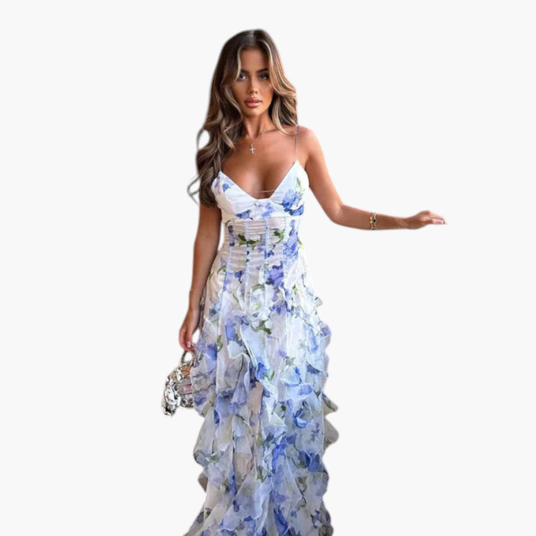 Abito Maxi Donna con Volant e Motivo Floreale