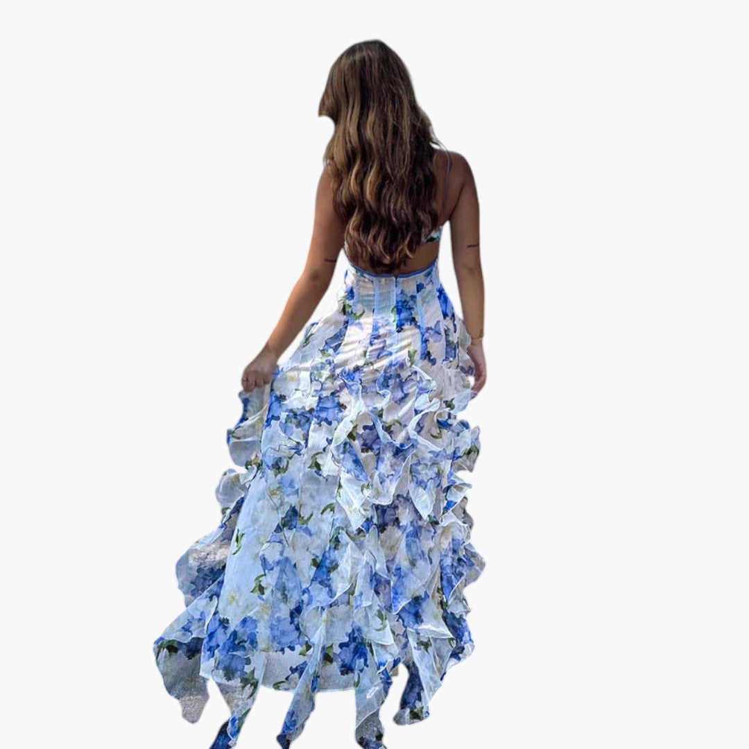 Abito Maxi Donna con Volant e Motivo Floreale