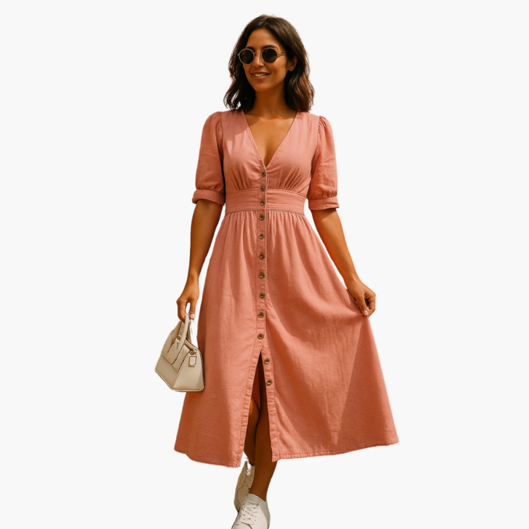 Vestido Midi Mulher Decote em V com Botões à Frente