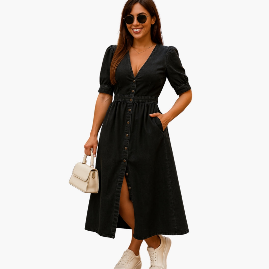 Vestido Midi Mulher Decote em V com Botões à Frente