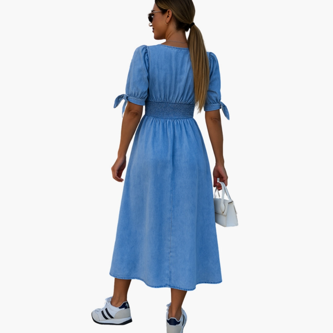 Vestido Midi Mulher Decote em V com Botões à Frente
