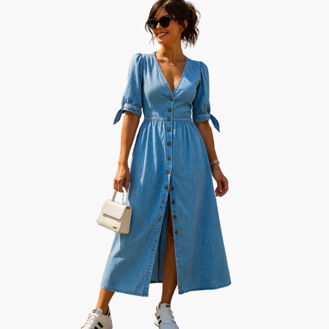 Vestido Midi Mulher Decote em V com Botões à Frente
