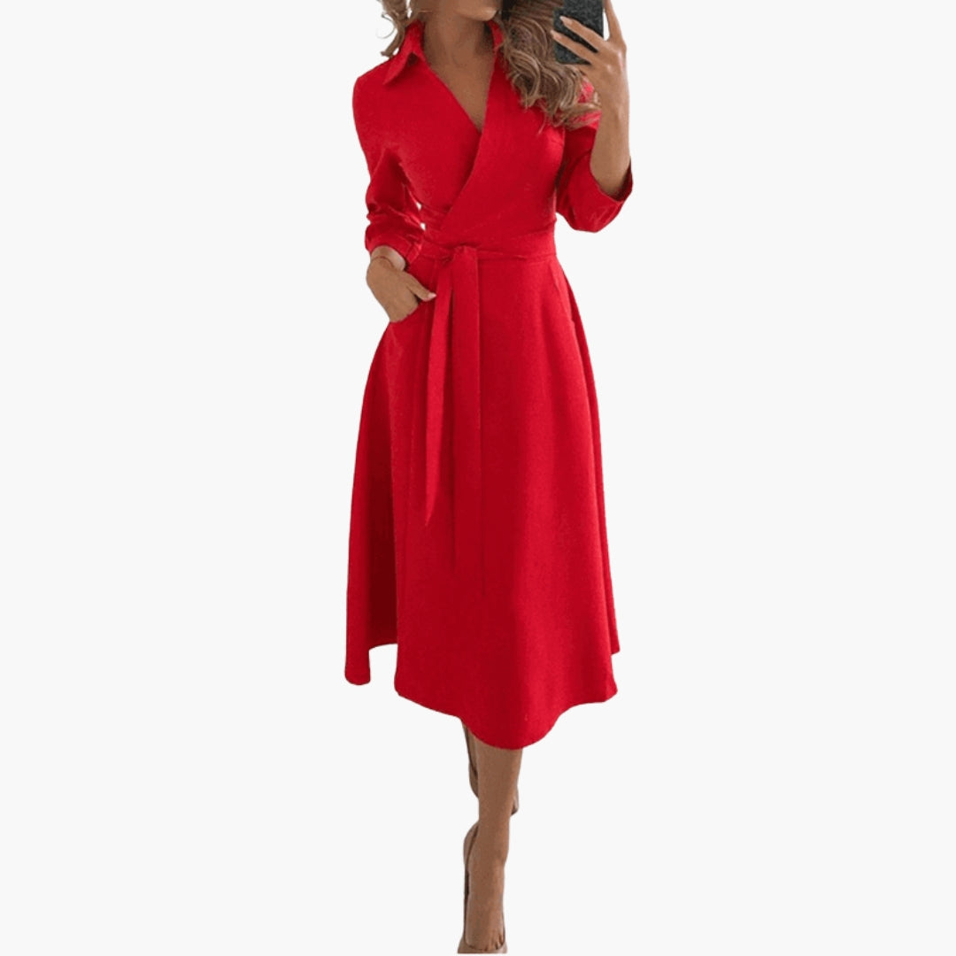 Robe Midi Femme Coupe Évasée avec Col à Revers