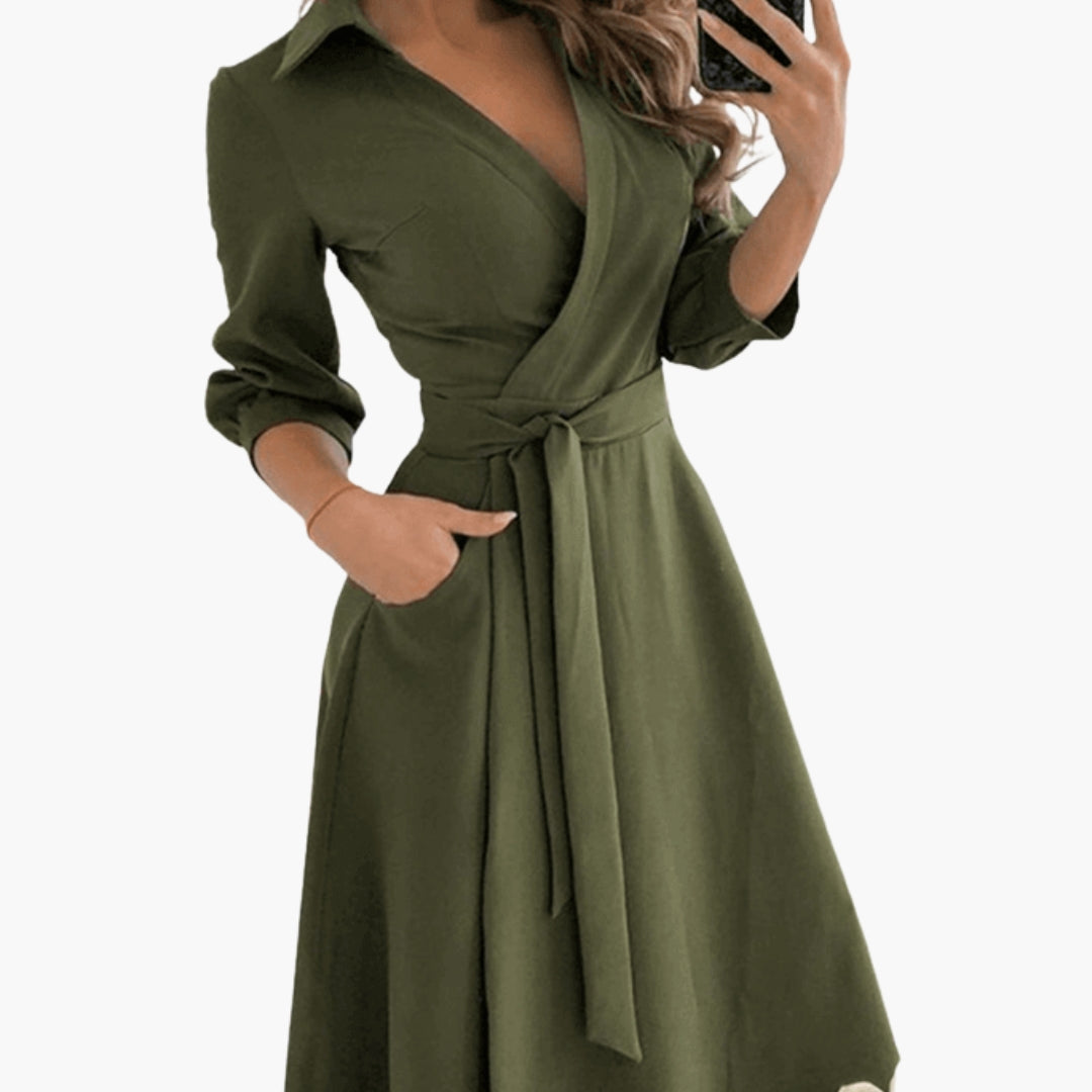 Robe Midi Femme Coupe Évasée avec Col à Revers