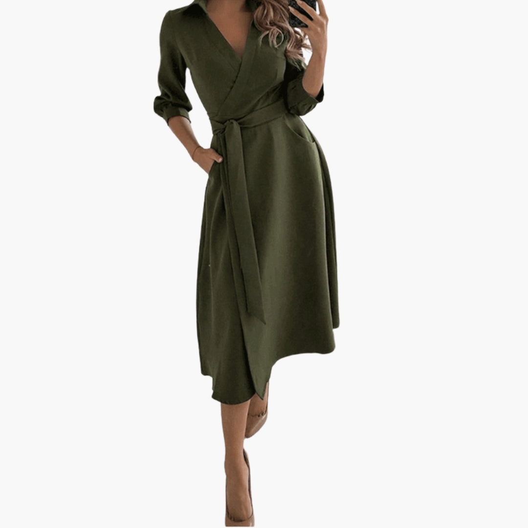 Robe Midi Femme Coupe Évasée avec Col à Revers