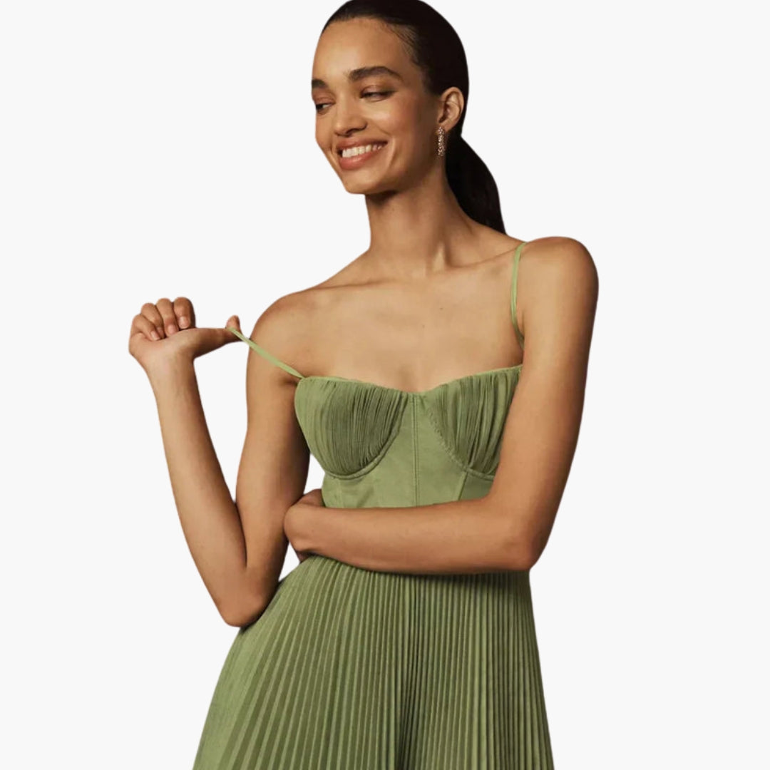 Abito Midi Donna Top Corsetto e Gonna Plissettata
