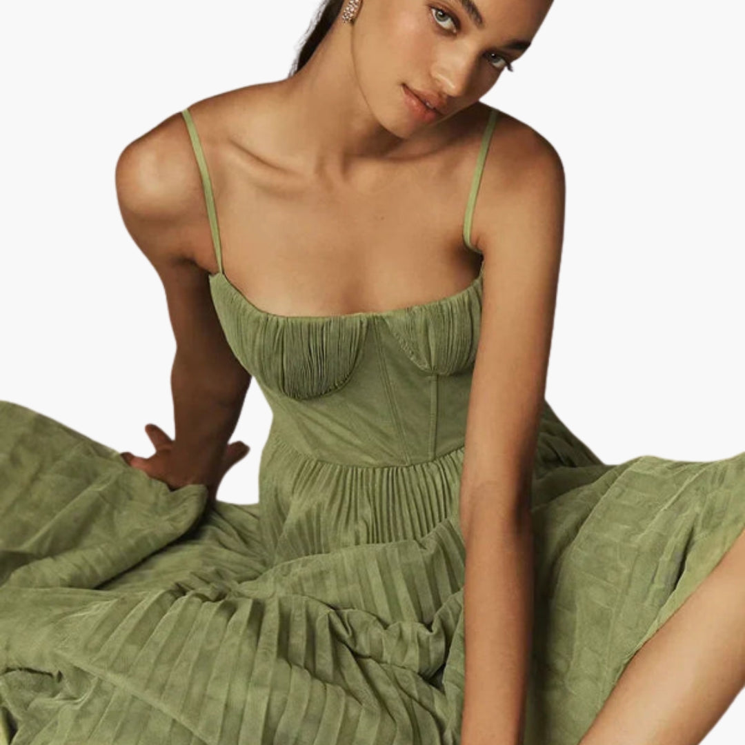 Abito Midi Donna Top Corsetto e Gonna Plissettata