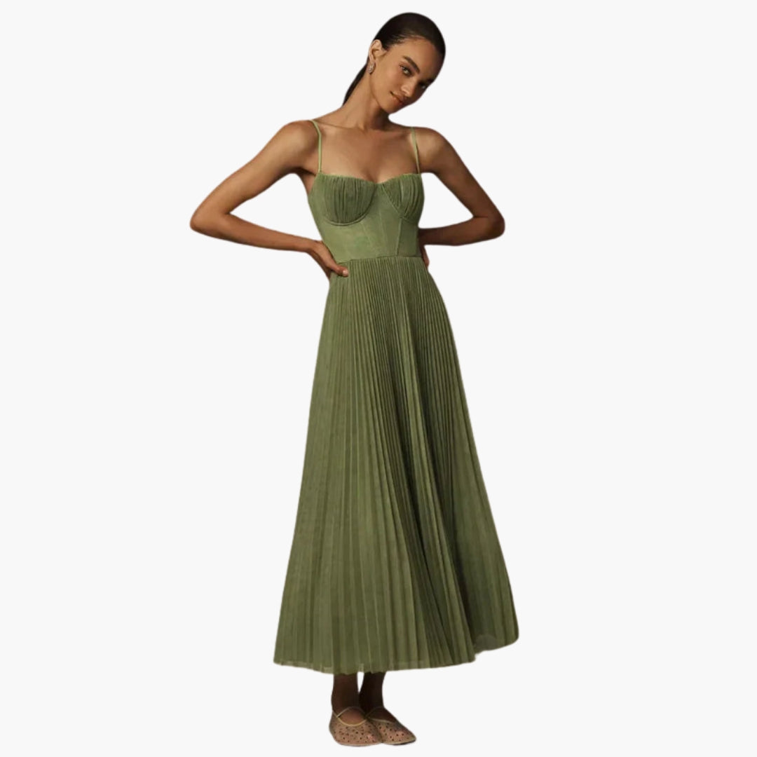 Abito Midi Donna Top Corsetto e Gonna Plissettata