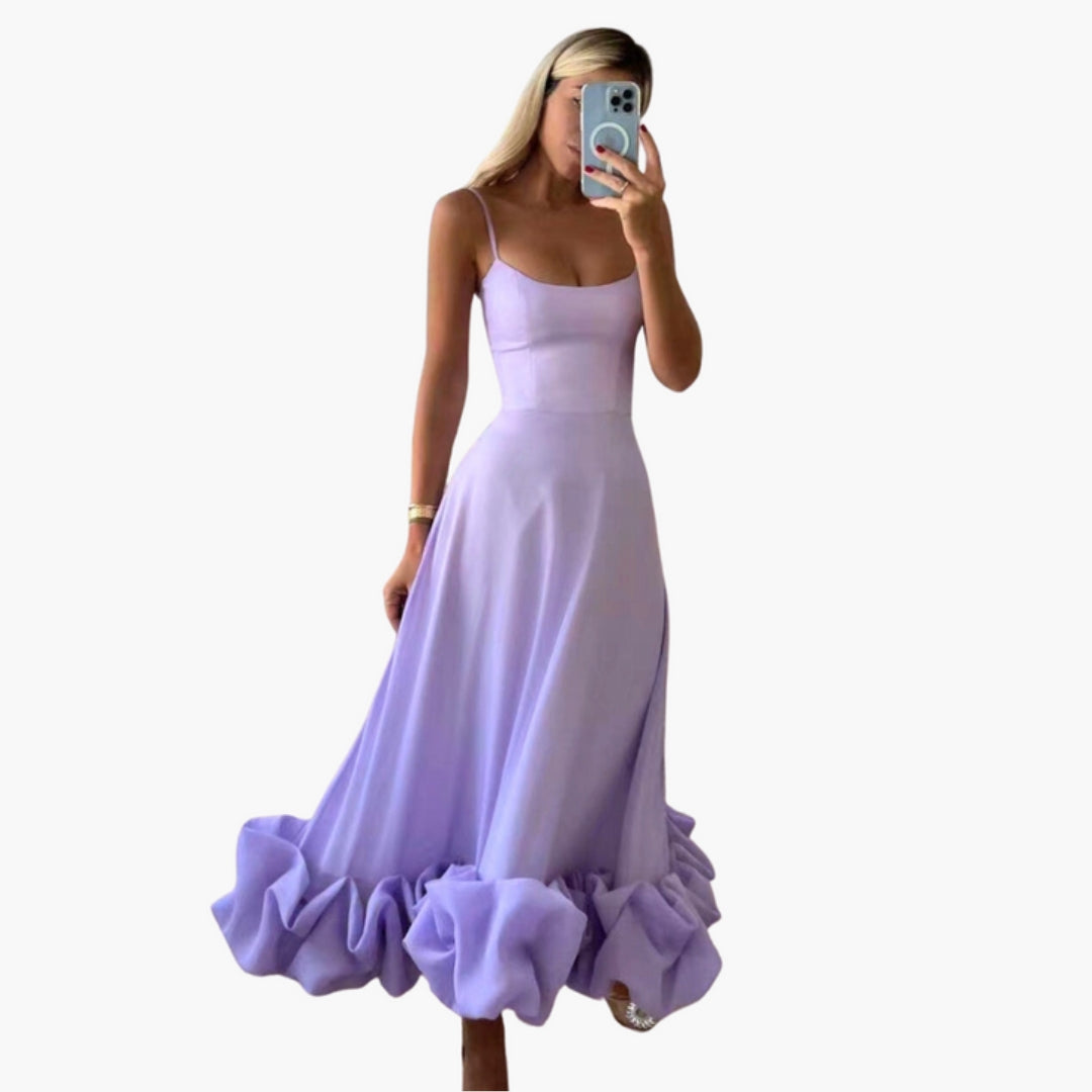 Vestido Midi Mulher com Alças Finas e Barra com Folhos