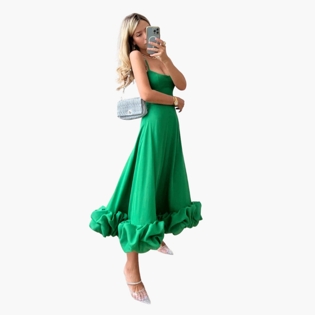 Vestido Midi Mulher com Alças Finas e Barra com Folhos