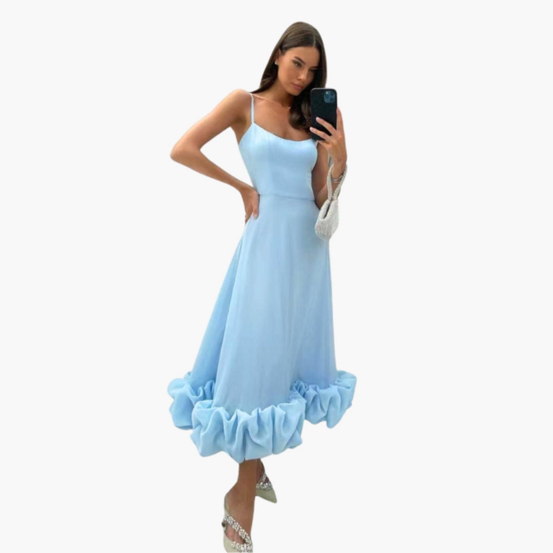 Vestido Midi Mulher com Alças Finas e Barra com Folhos