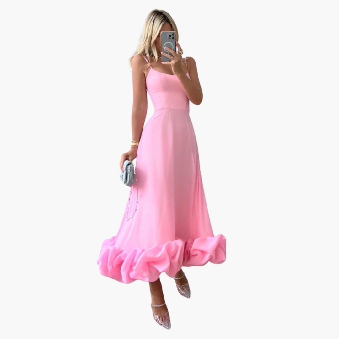 Vestido Midi Mulher com Alças Finas e Barra com Folhos