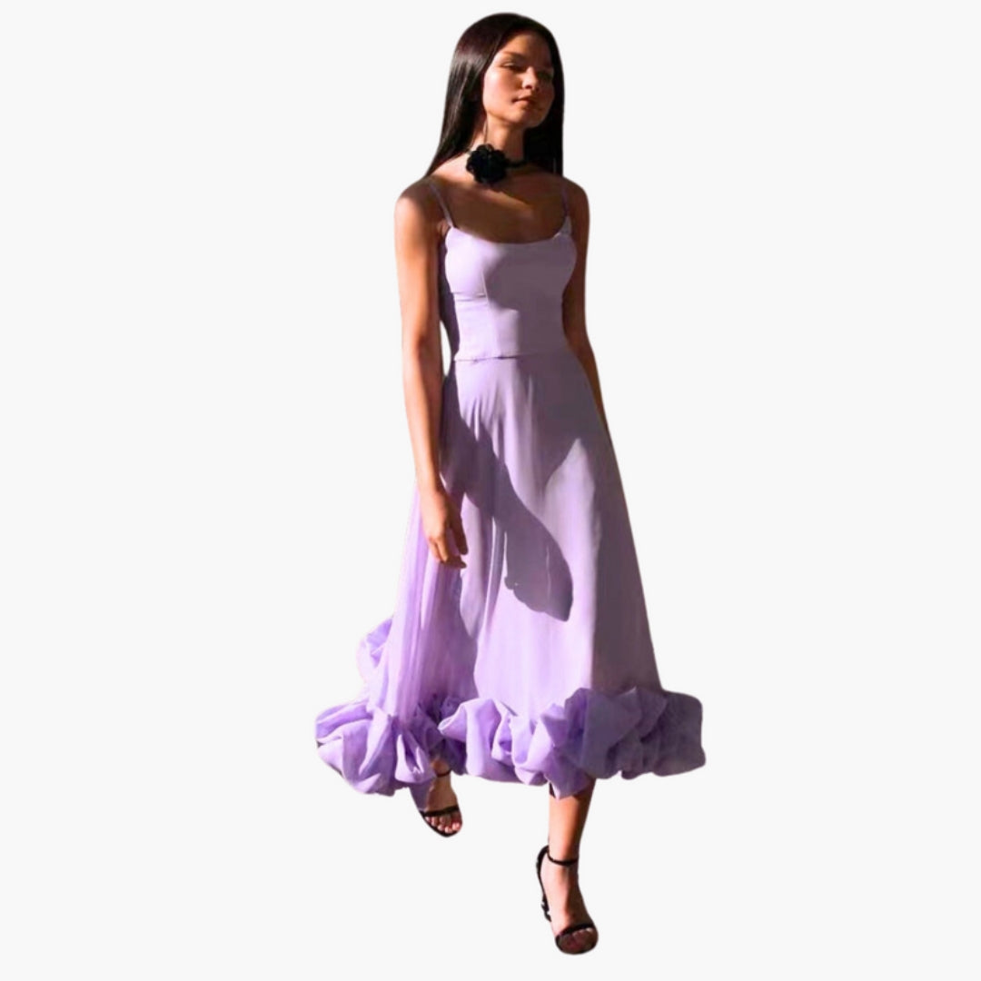 Vestido Midi Mulher com Alças Finas e Barra com Folhos