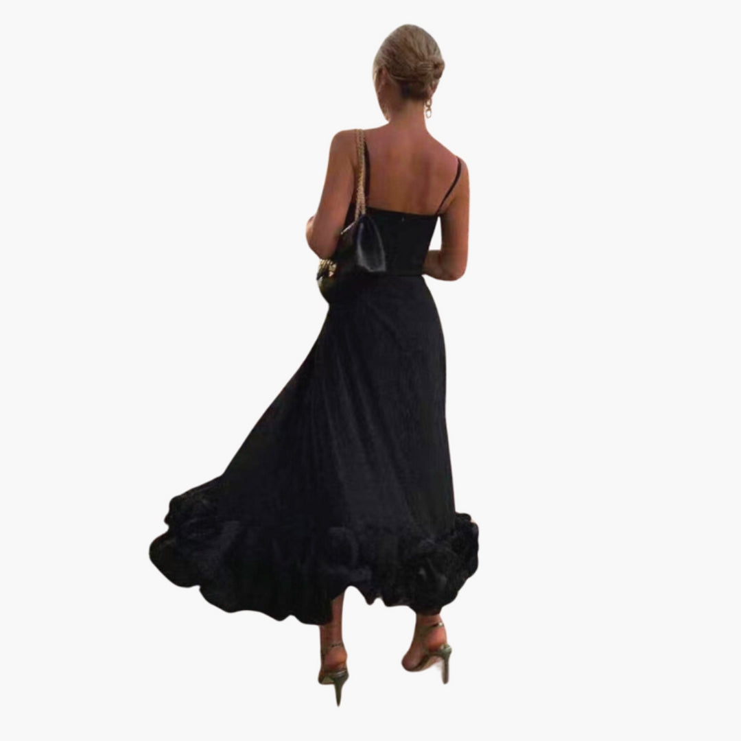 Vestido Midi Mulher com Alças Finas e Barra com Folhos