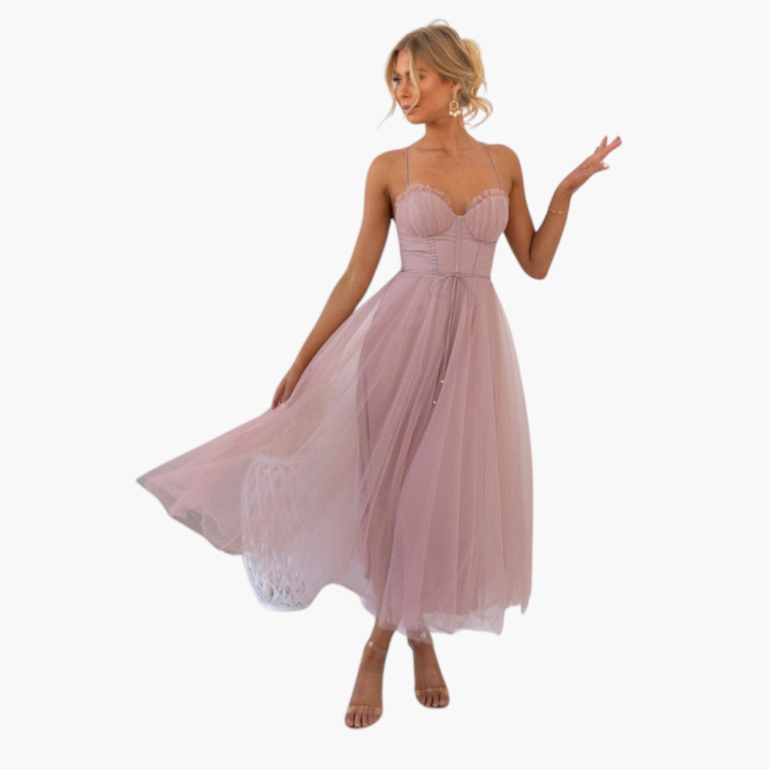 Midi Dress for Women with Thin Straps and Tulle Skirt