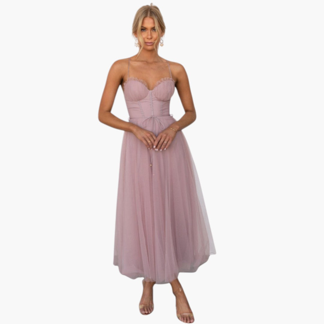 Midi Dress for Women with Thin Straps and Tulle Skirt